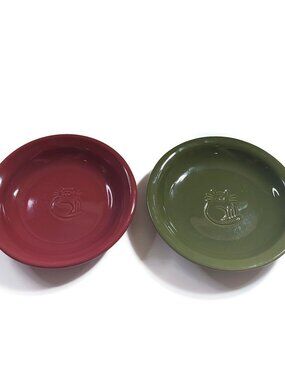 Set Of 2 Mini Plate Dishes Fat Cat Farm House Design Red Green Kitty Kitten Cute